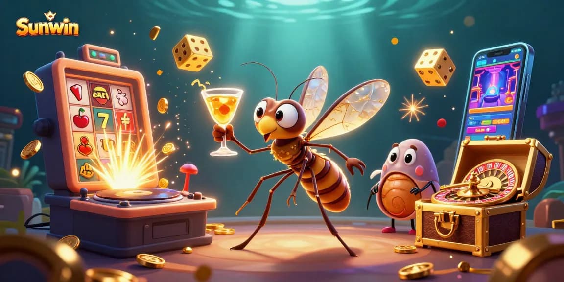 Experience the excitement of Sunwin casino games with vibrant 3D cartoon characters and golden elements.