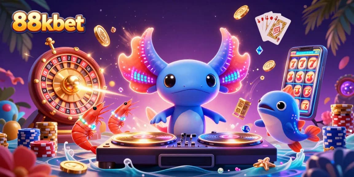 Experience the vibrant energy of 88kbet with a lively casino scene featuring animated characters and gaming elements.