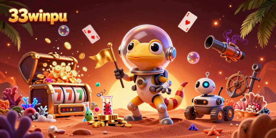 Experience the excitement of the 33winpu casino on Mars with vibrant lights and slot reels!