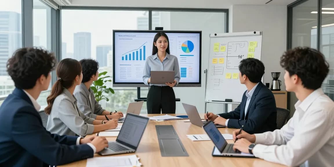 Business team collaborating on 24/7 Clones strategy in modern office