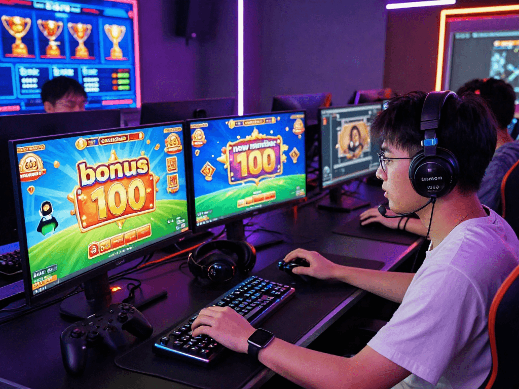 Engaged gamer showcasing 'bonus new member 100' while playing in a vibrant online casino environment
