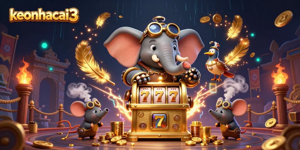 Engage with keonhacai3 as a steampunk elephant spins a golden slot machine surrounded by dynamic gaming elements.