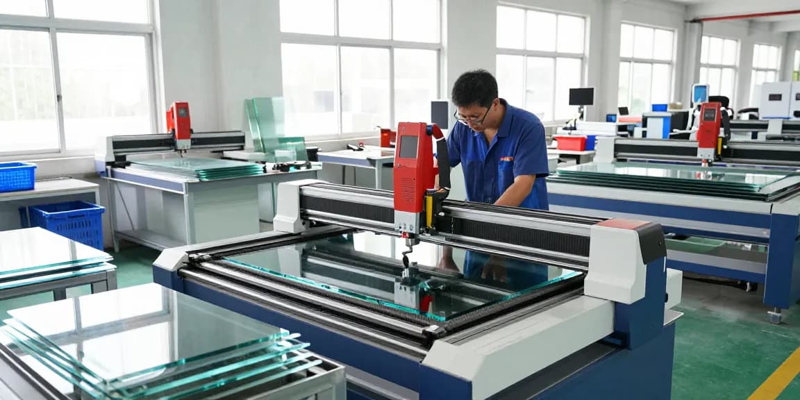 Technician using a cutting machine glass in a modern glass processing factory showcasing precision and technology.