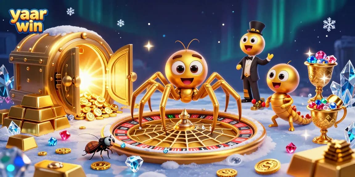 Yaar win as a golden spider spins a roulette wheel web in a vibrant casino scene.