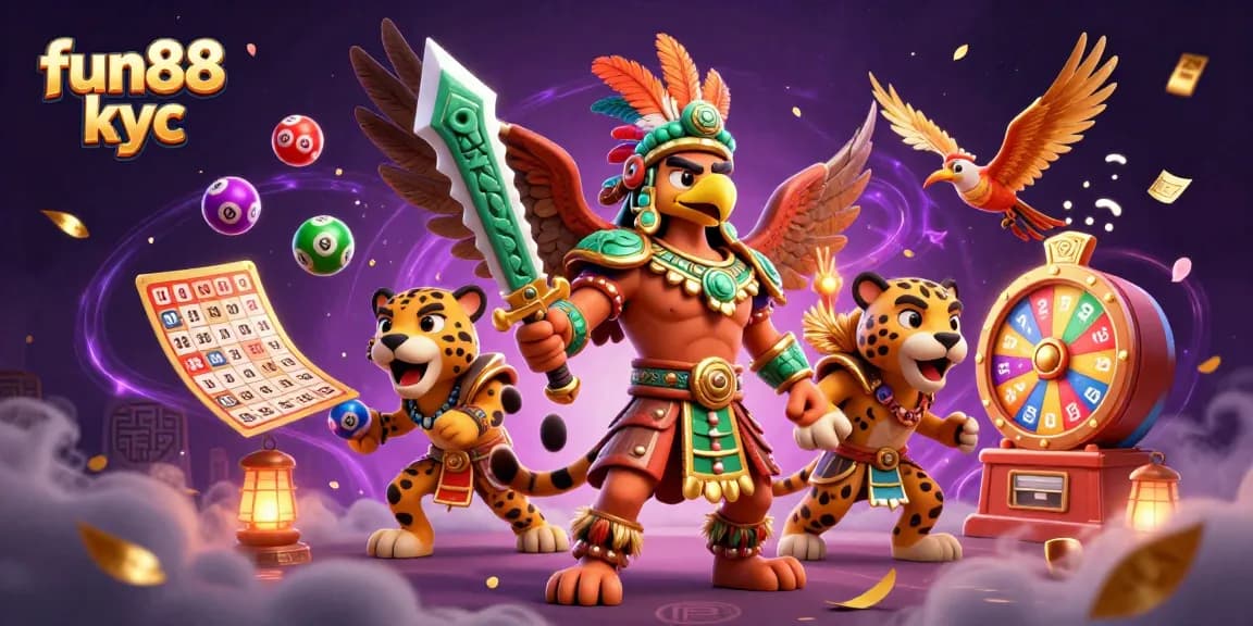 Chơi cá cược tại fun88 kyc với hình ảnh chiến binh Aztec và các bóng xổ số đầy sức hấp dẫn.