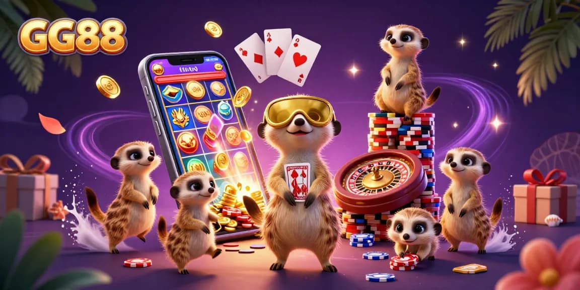 Engage in thrilling slots at GG88 with a vibrant casino scene featuring meerkats and exciting game elements.