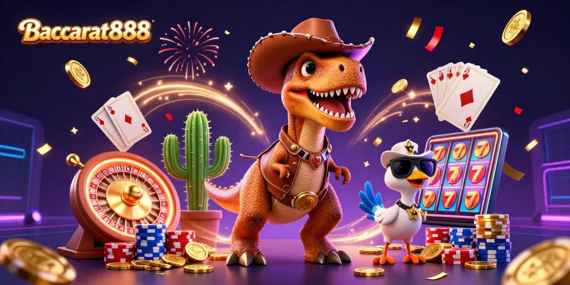 Baccarat888 features a cartoon dinosaur, cactus, and roadrunner amid flying casino elements, showcasing dynamic gameplay.