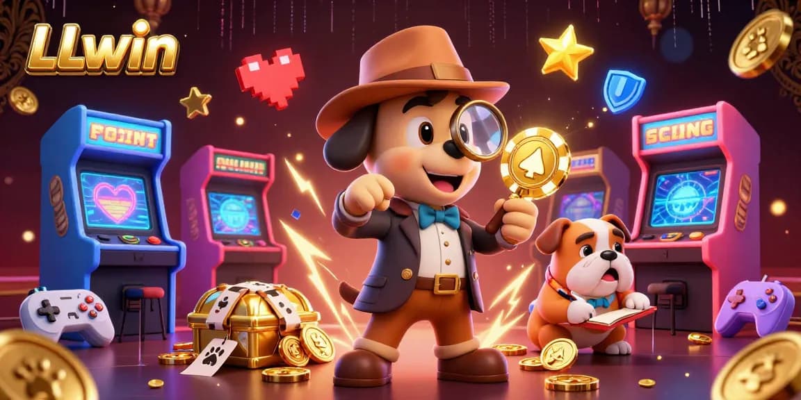 LLwin detective explores a golden poker chip clue amidst vibrant casino-themed elements