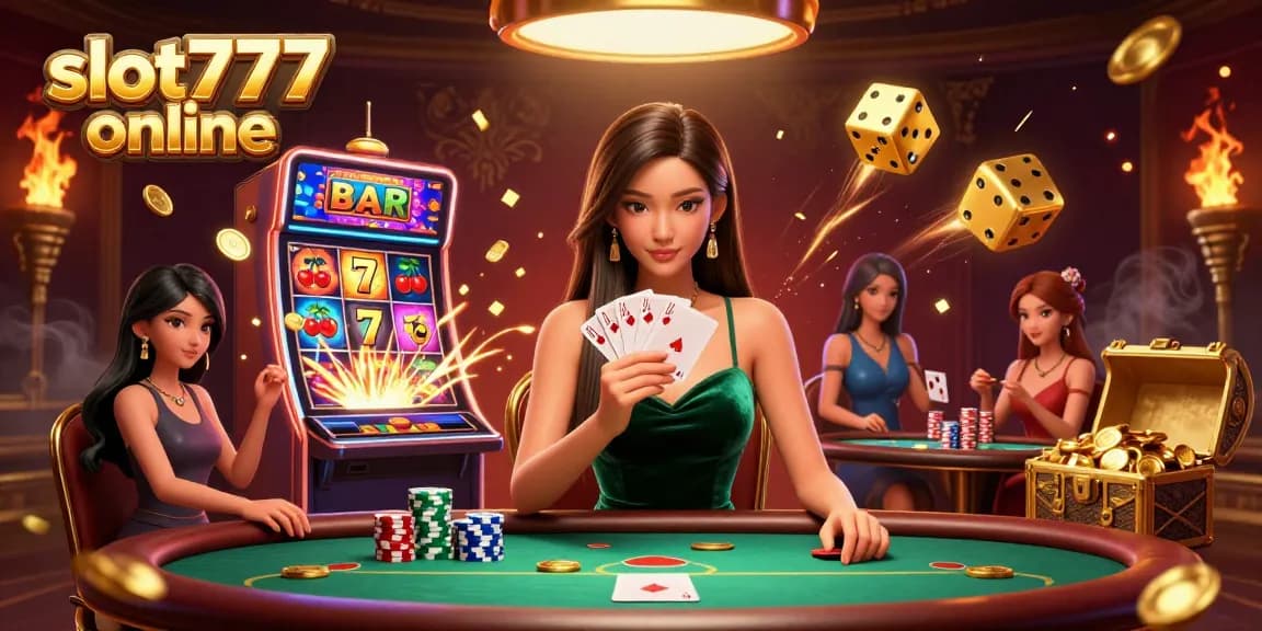 Win with slot777 online as an Asian woman plays cards at a luxurious casino table amidst slot machine excitement.