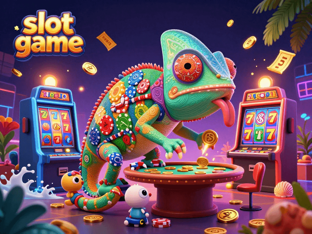 Play exciting slot games with a vibrant scene showcasing chameleon characters and colorful slot machine elements.