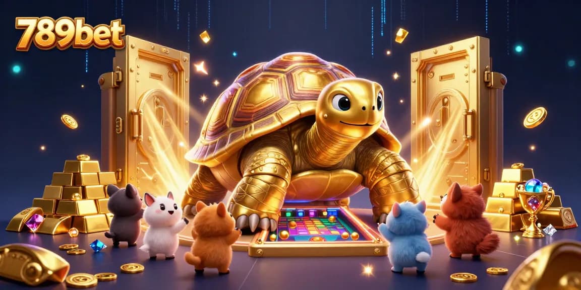 Engage with 789bet's thrilling cartoon casino scene featuring a golden tortoise pinball machine.