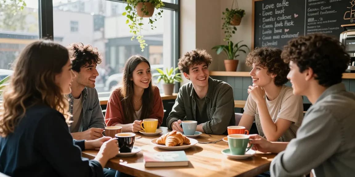Friends discussing their crush on at a cozy café with warm sunlight and vibrant atmosphere.