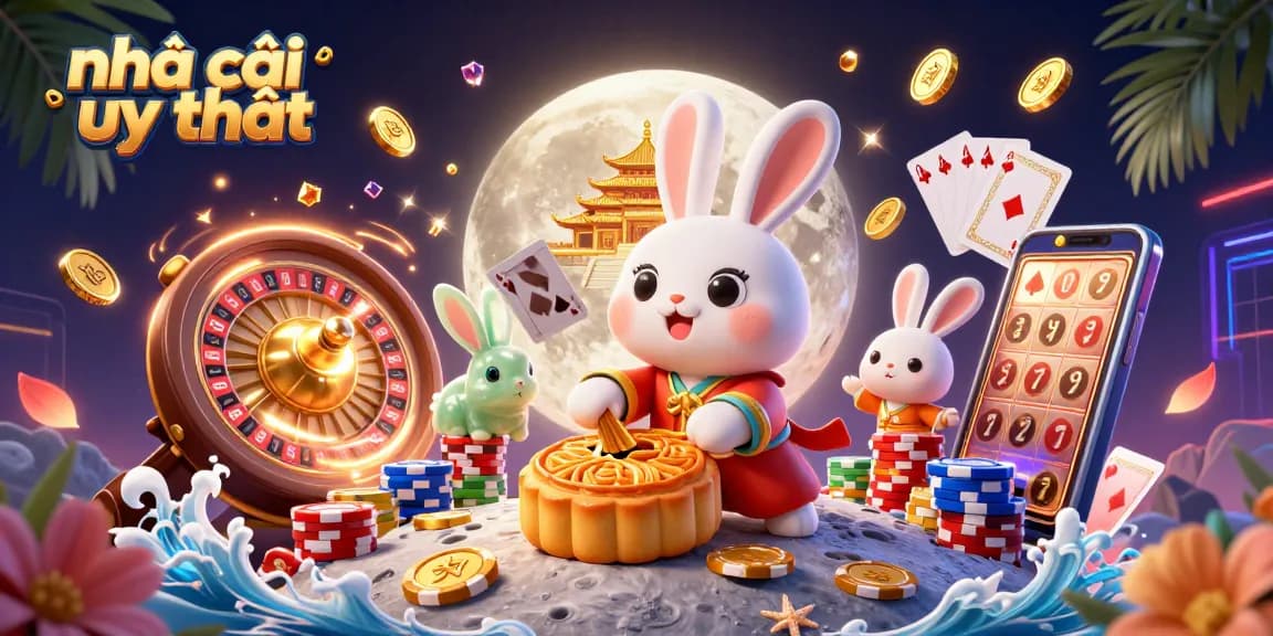 Experience the thrills of nhà cái uy tín under a surreal moonlit night with a cartoon rabbit, poker chips, and dazzling casino elements.