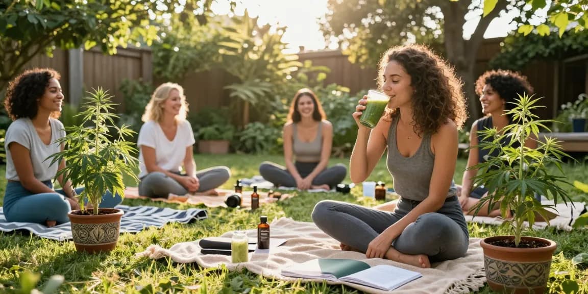 Ministry of Cannabis wellness gathering featuring CBD-infused smoothies and hemp plants.