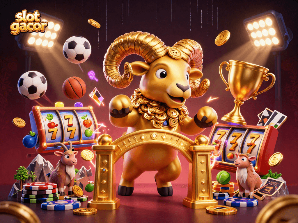 Engage with slot gacor action featuring a dynamic golden ram against a vibrantly detailed casino backdrop.