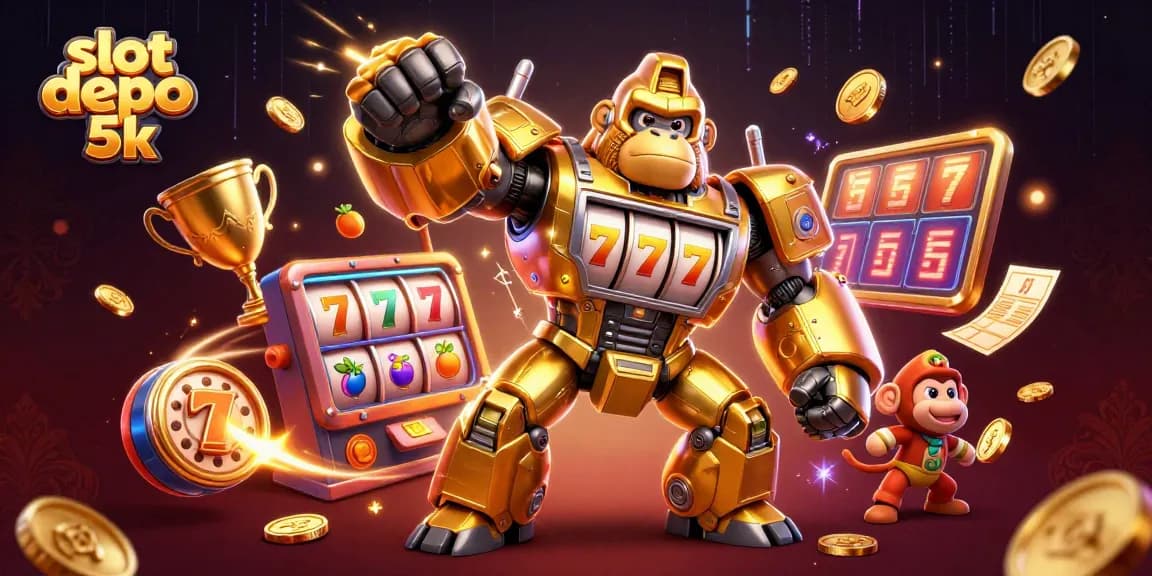 Engage in thrilling gameplay with slot depo 5k featuring a transformer-style gorilla mech amidst dynamic slot elements.