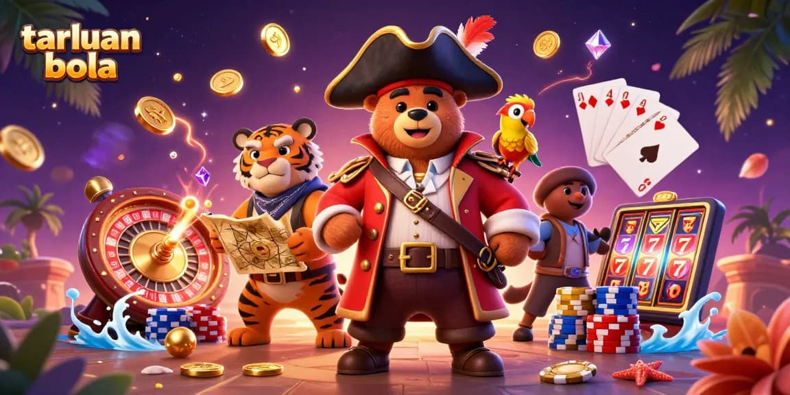 Experience taruhan bola with a cartoon pirate bear and his colorful crew in a vibrant casino setting.