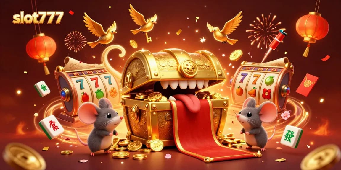 Engage with exciting slot777 games in this vibrant 3D illustration featuring treasure chests, slot reels, and festive decor.