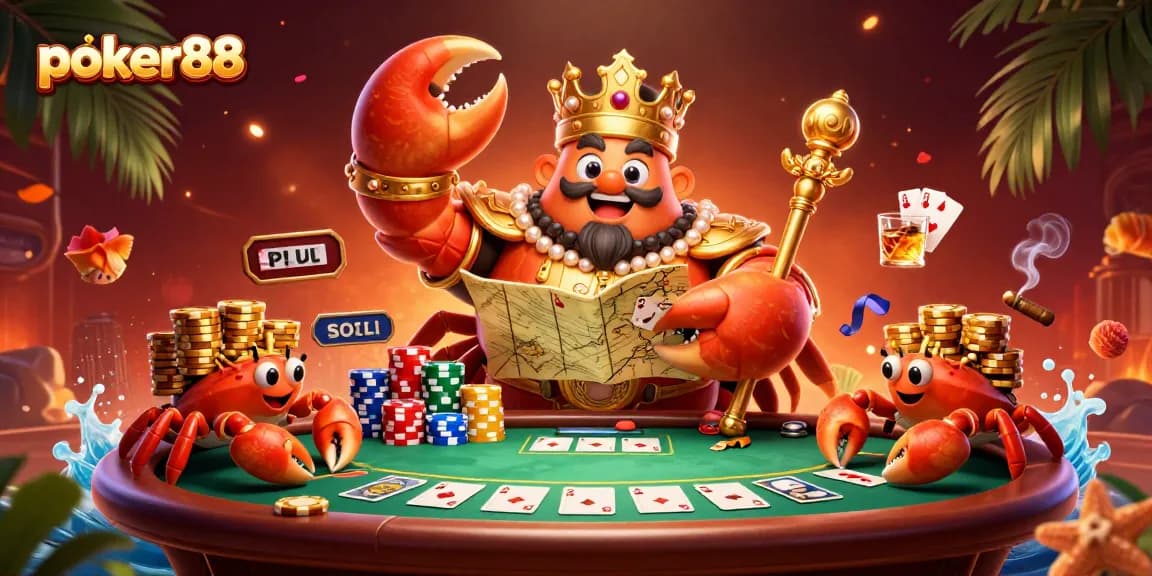 Engage in thrilling poker88 gameplay as a golden crab emperor presides over a vibrant casino scene.