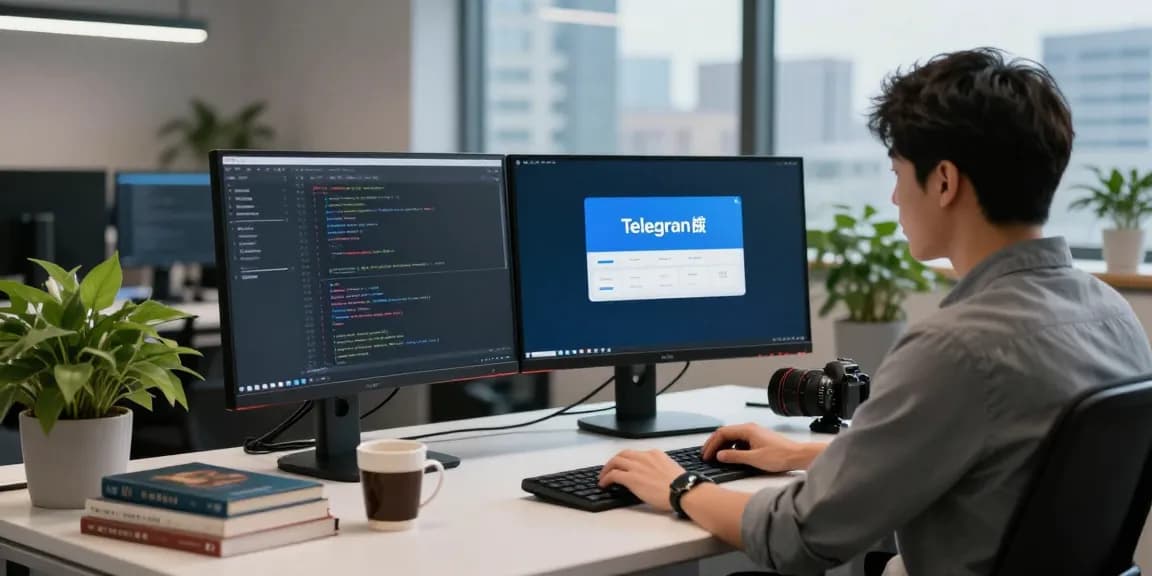 Developer coding the telegram中文版 application in a modern tech workspace.