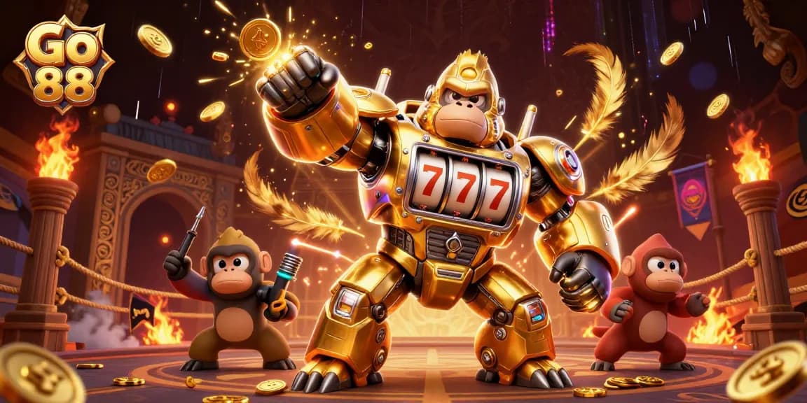 Experience thrilling gameplay at Go 88 with an exciting 3D illustration of a golden gorilla mech.