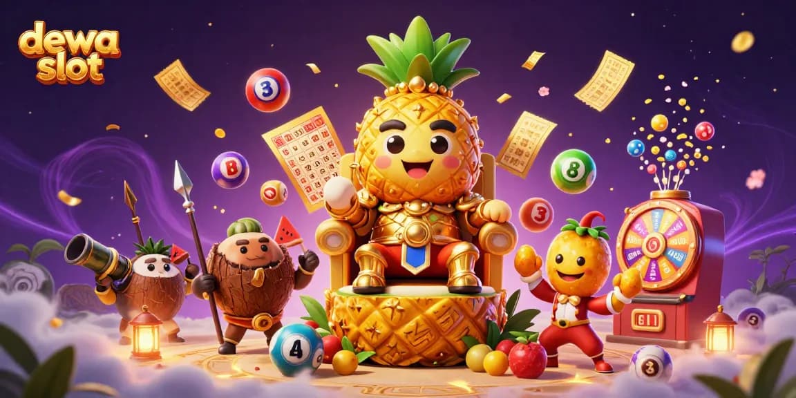 Permainan dewa slot dengan nanas raja dan elemen kasino yang penuh warna.