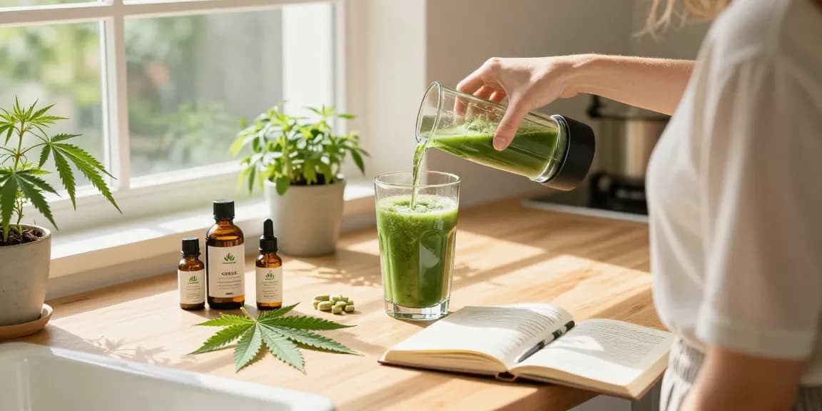 Where to buy hash CBD products displayed in a bright kitchen with fresh hemp and wellness essentials, emphasizing quality and natural wellness.