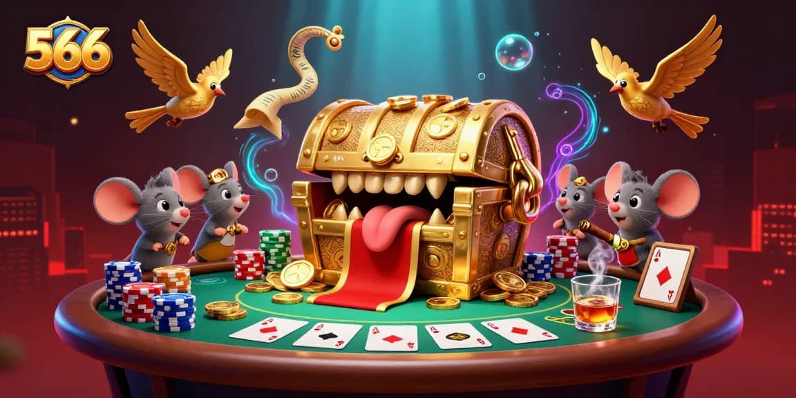 Engage in thrilling gameplay at 566 with a colorful poker scene and adventurous characters.