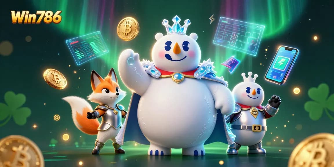 Win786 showcases the ice king polar bear and snow fox in a vibrant casino-themed scene, featuring crypto elements.