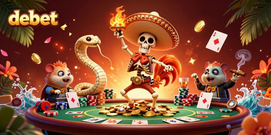 Witness debet's thrilling casino victory dance with vibrant characters amidst dynamic poker elements.