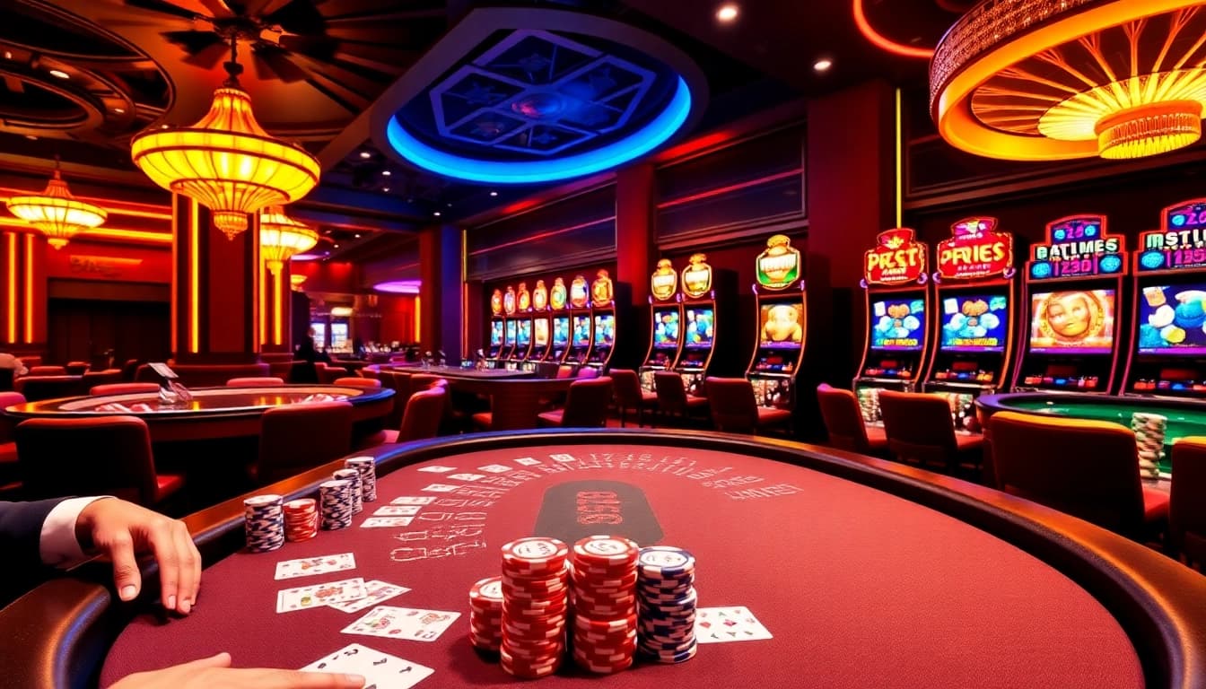 Engaging scene of high-stakes poker at b52club, featuring excited players and colorful chips.