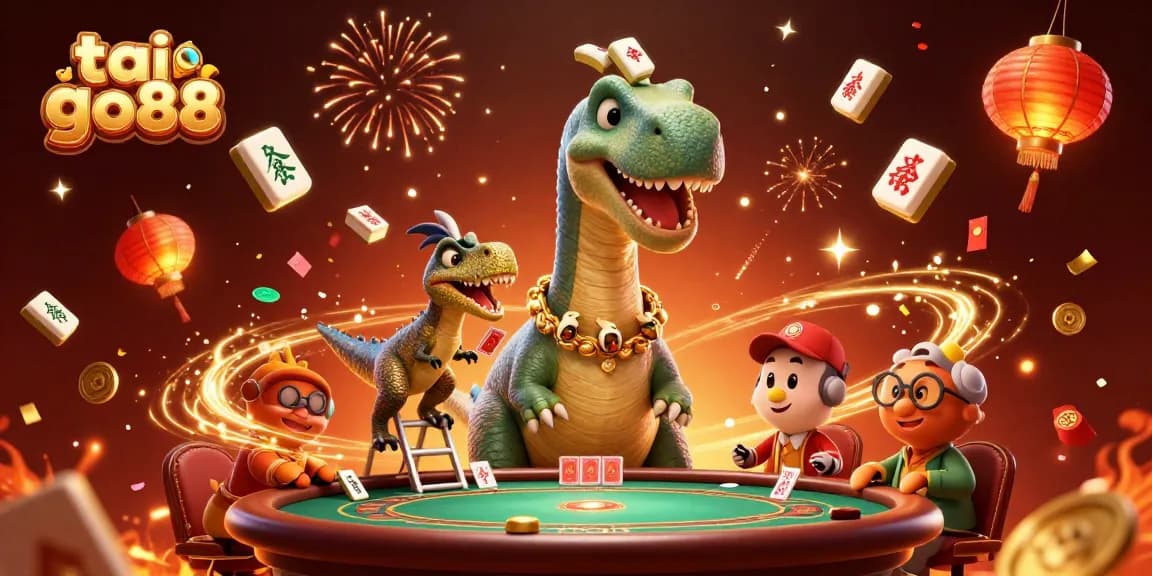 Engage in thrilling tai go88 gameplay with a colossal dinosaur dealer and vibrant casino elements.