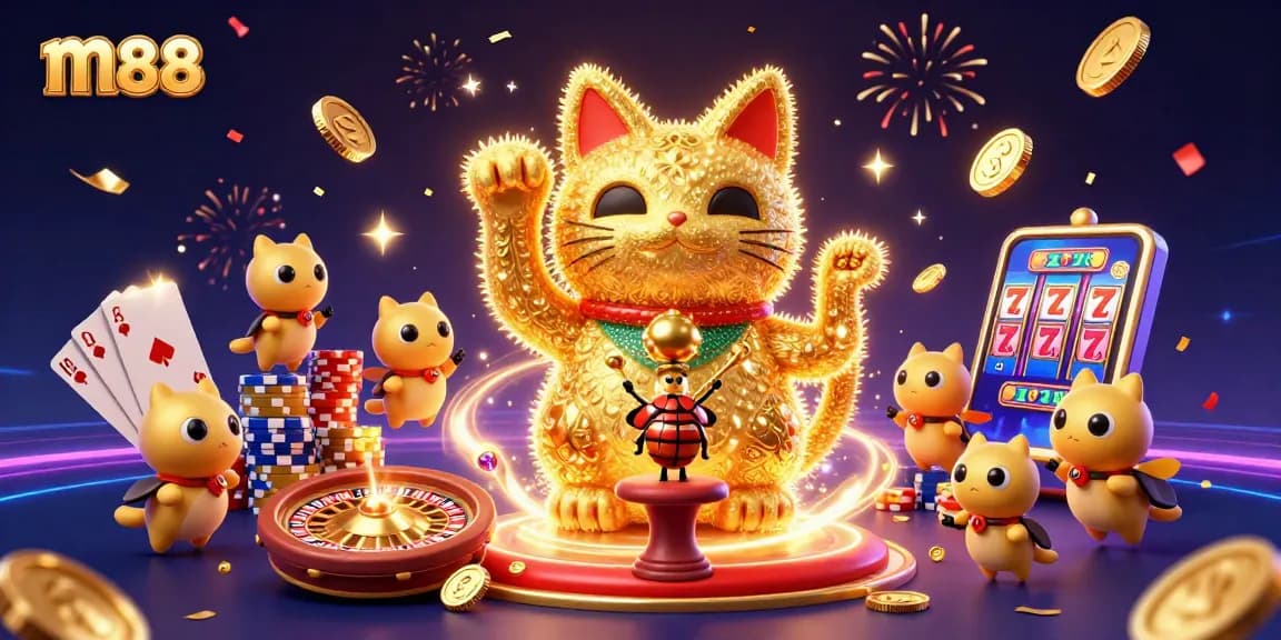 Experience the excitement of m88 with a vibrant illustration of a lucky cat and casino elements.