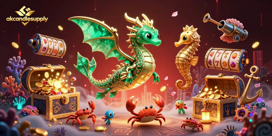 Akcandlesupply menampilkan ilustrasi 3D slot online dengan naga laut dan penjahat, atmosfer yang menarik