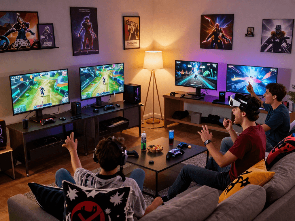 Friends enjoying multiplayer gaming on ROKOK88, surrounded by snacks and controllers.