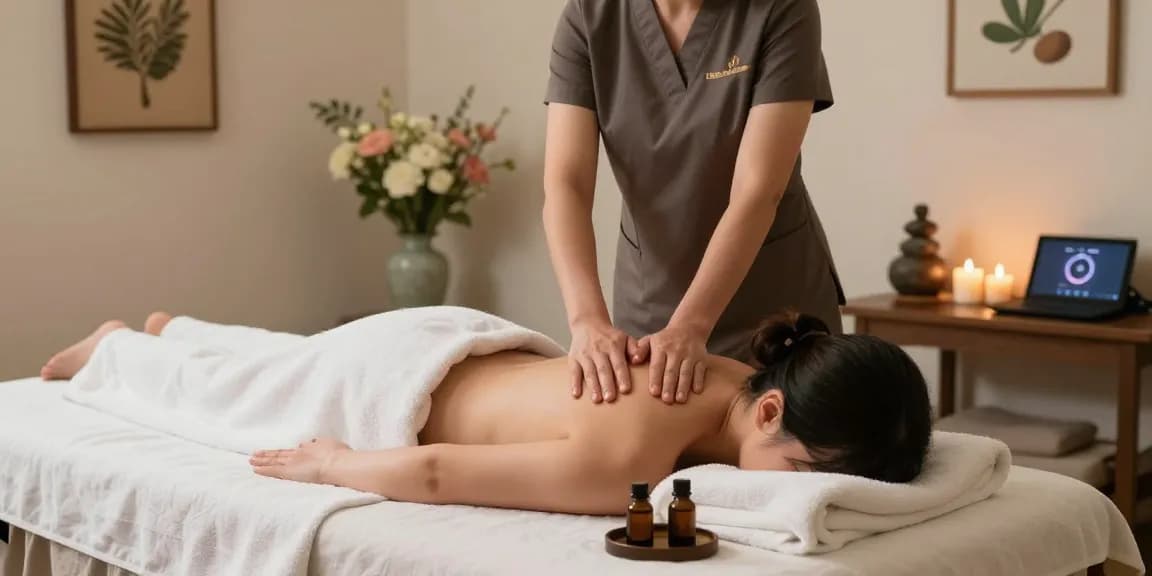 Massage session depicting a therapist providing soothing Swedish massage in a serene spa environment with calming elements.