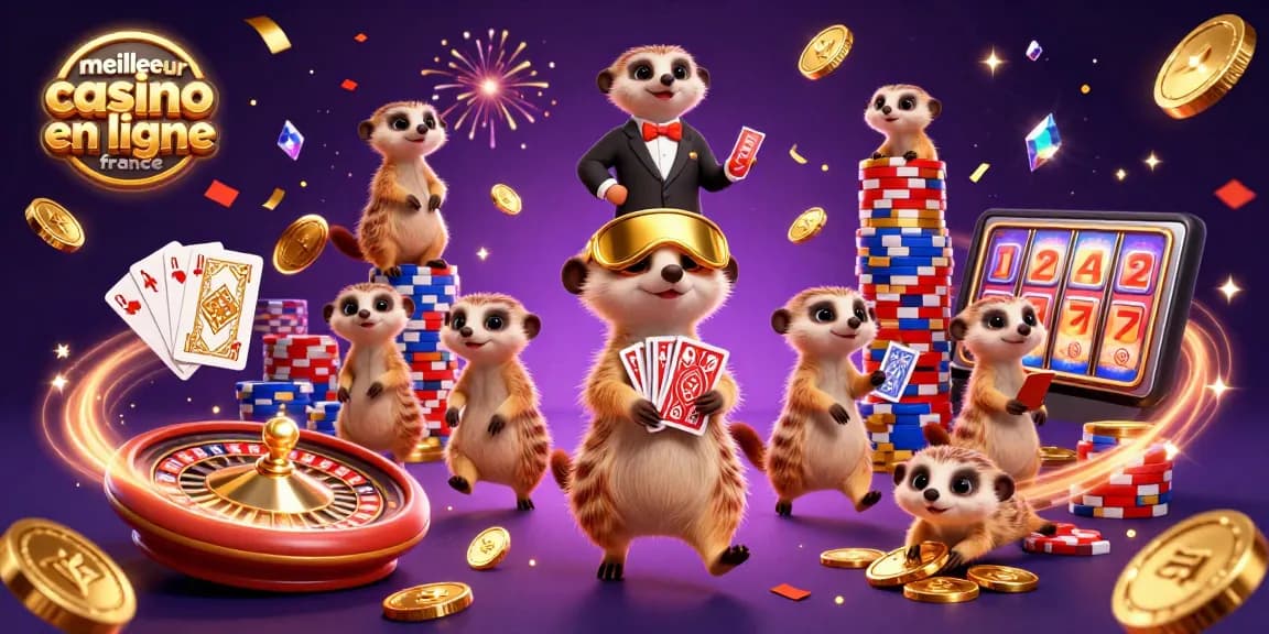Meilleur casino en ligne France avec une scène dynamique de suricates gérant des jeux de hasard et des cascades de jetons.