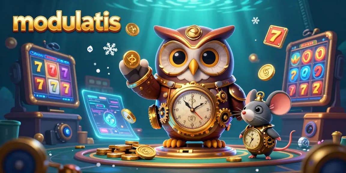 Permainan slot online dengan modulatis, menampilkan karakter hantu petualang dan elemen kasino futuristik yang menarik.