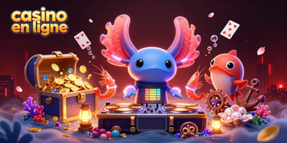 Illustration vibrante de casino en ligne montrant un axolotl DJ et des crevettes dansantes entourés de trésors