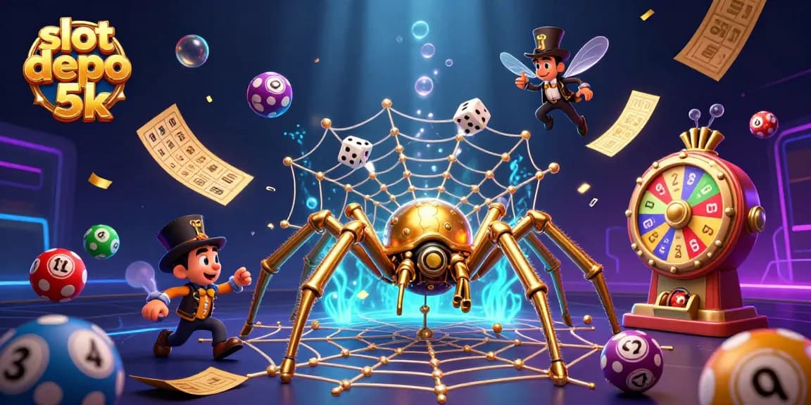 Engage with slot depo 5k as a colorful spider spins golden chains and poker chips in an exciting scene.