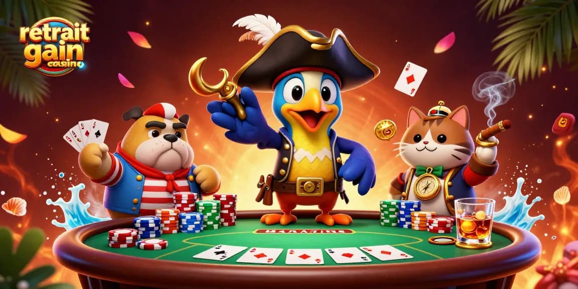 Retrait gain casino avec des personnages de pirate animés jouant autour d'une table de poker
