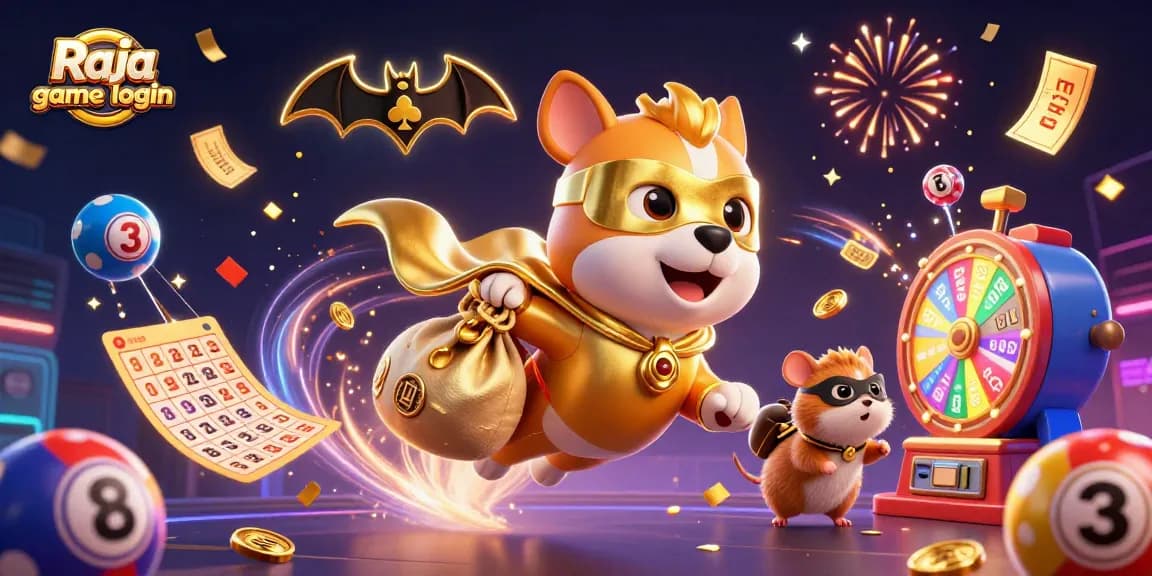 Join the winning fun with Raja game login featuring a superhero dog with gold coins