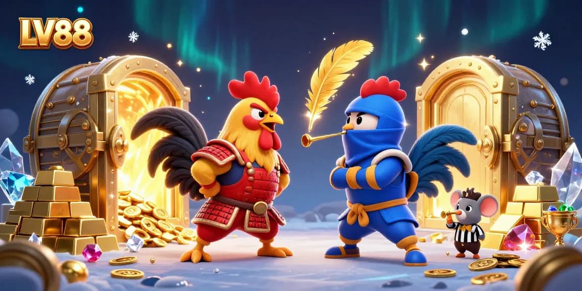 Engage with LV88's thrilling standoff between cartoon fighters and treasure-rich elements in a spectacular casino scene.