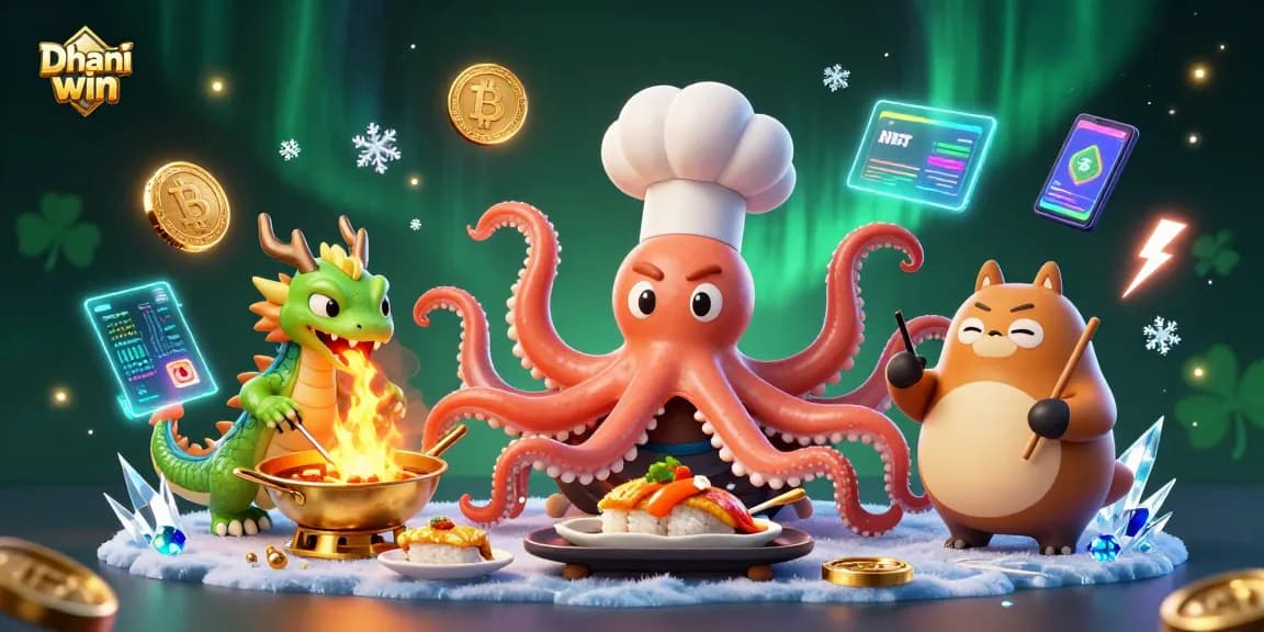 Dhani win offers exciting games with a playful octopus chef and dragon, showcasing thrilling casino gameplay.