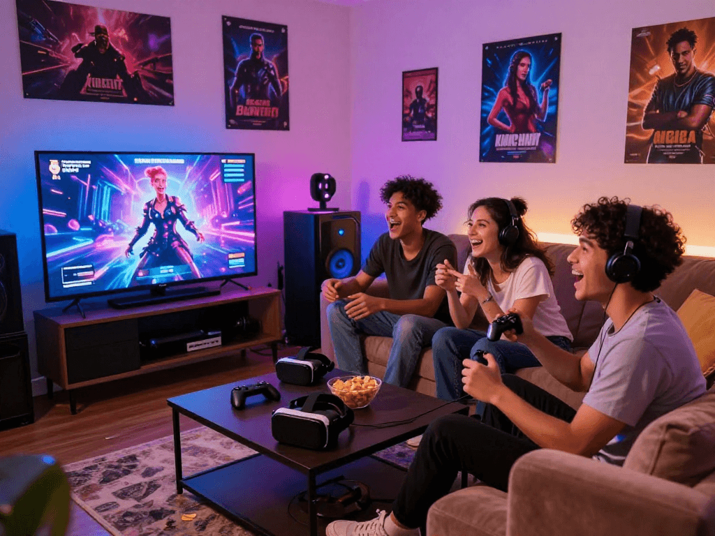 Group enjoying a sex game night together, laughing and interacting around a gaming console and snacks.