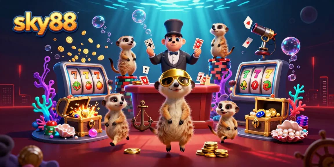 Meerkats running the sky88 casino, featuring colorful slot symbols in a vibrant underwater scene.