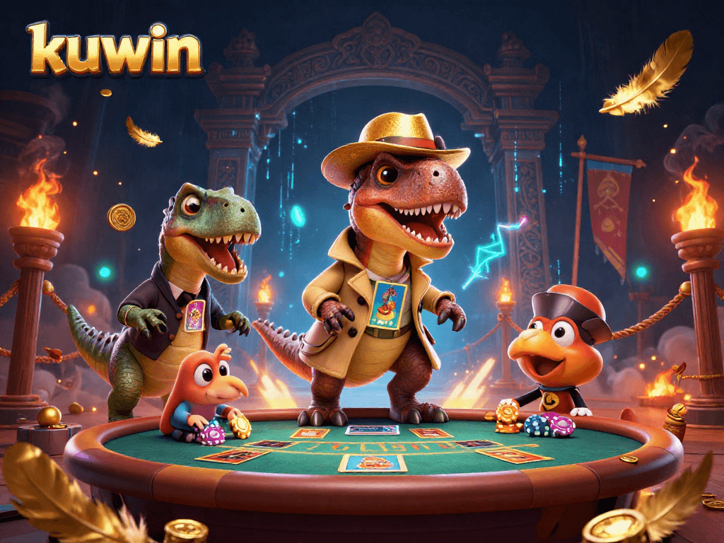 Kuwin casino illustration showcasing a velociraptor card counter, dinosaurs, and vibrant elements of gambling.