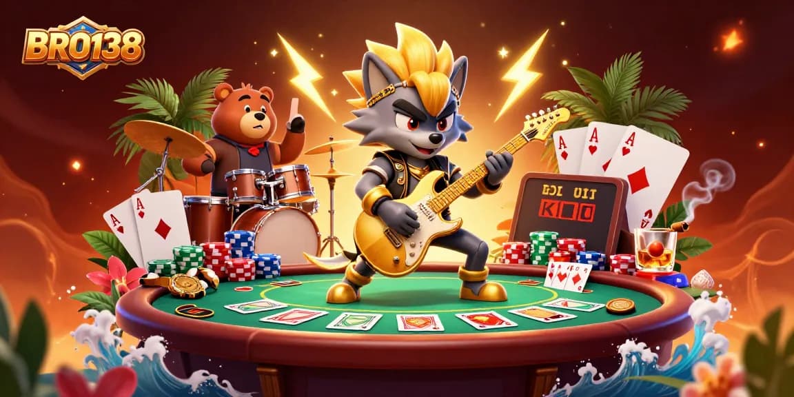 BRO138 offers thrilling slot action as a rock star wolf plays on a casino stage surrounded by poker chips and vibrant energy.