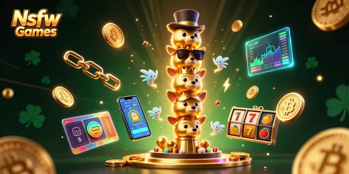 Nsfw Games featuring exciting slot reels and glowing cryptocurrencies in a vibrant 3D illustration