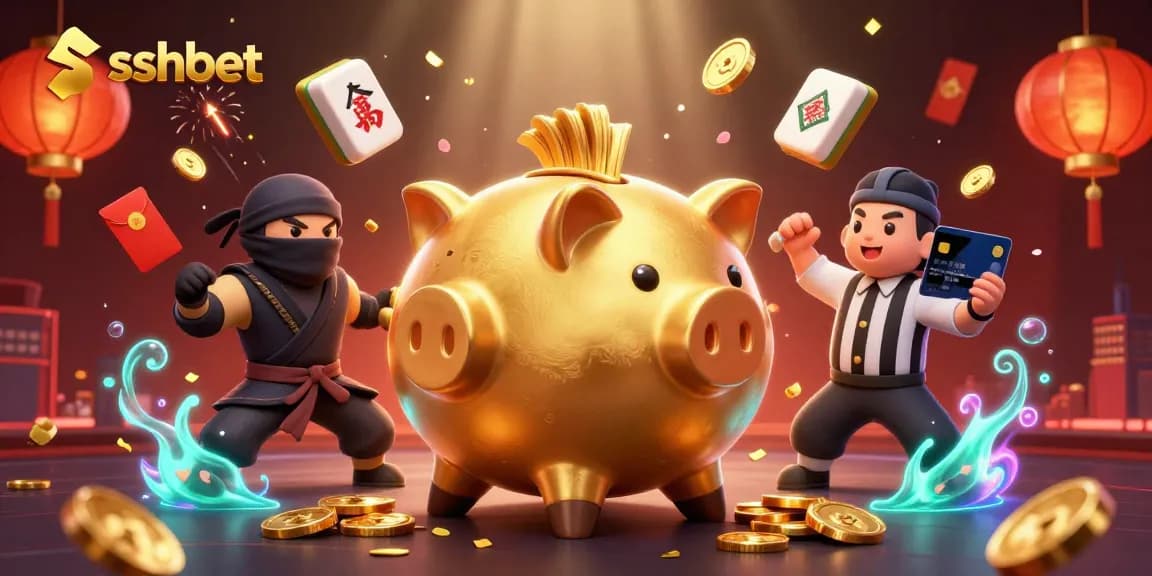 Experience the thrill of gaming at sshbet with a golden piggy bank warrior and friends in an exciting casino showdown.